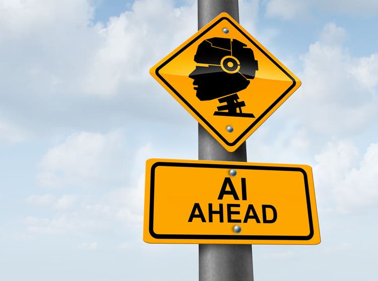 AI Artificial Intelligence Warning sign as Job Displacement with a Robot and robotic technology concept as a traffic sign with a futuristic humanoid cyborg icon as a symbol.