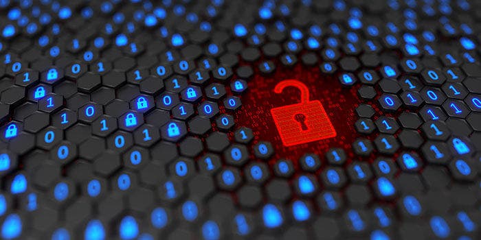 Futuristic background with hexagon shell and hole with binary code and opened lock. Hacker attack and data breach. Big data with encrypted computer code. Safe your data. Cyber internet security and privacy concept. 3d illustration