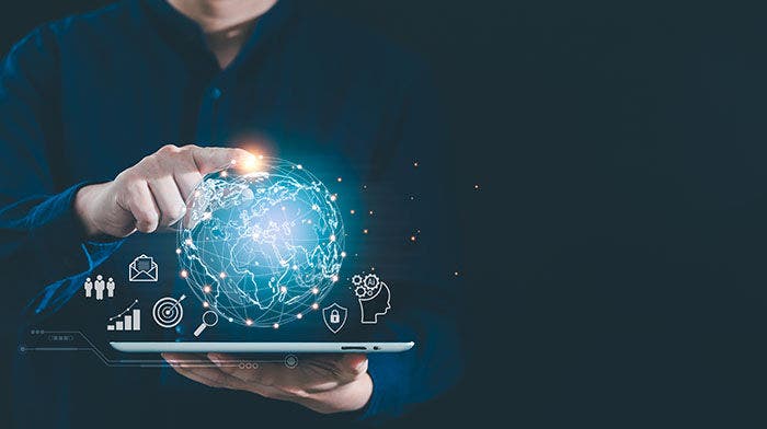 Businessman holding tablet to present global connection on social networking and customer data analytics, Business strategy and smart intelligence, digital marketing, AI Technology for global business