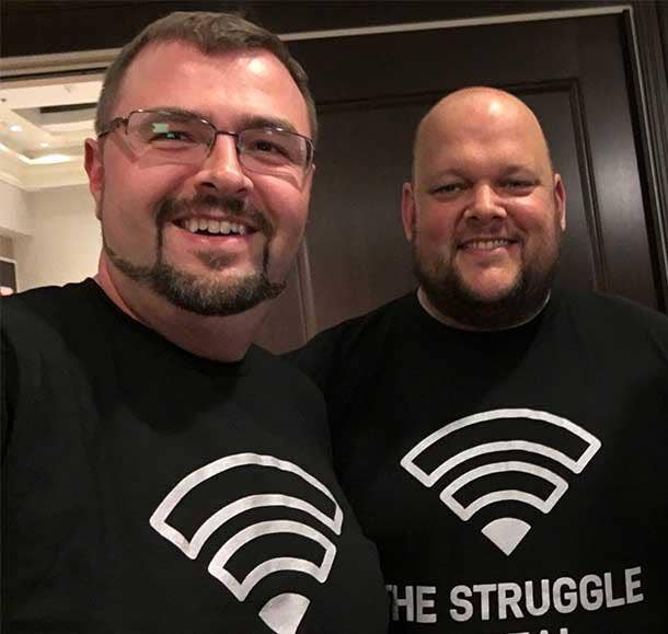 David Stinner with Rob Rae, both wearing the Datto Struggle T-shirts, as part of the Datto network hardware product release that Rae brought to market in 2017.