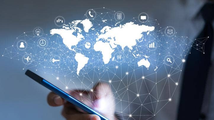 Internet of things - IOT via communication network service on mobile apps and smartphone and tablet technology for people in digital 4.0 lifestyle